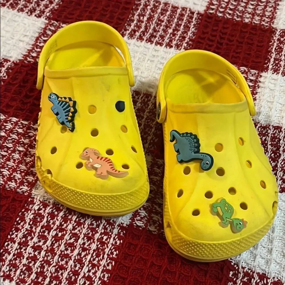 Yellow Kids Clogs with Dinosaur Charms
